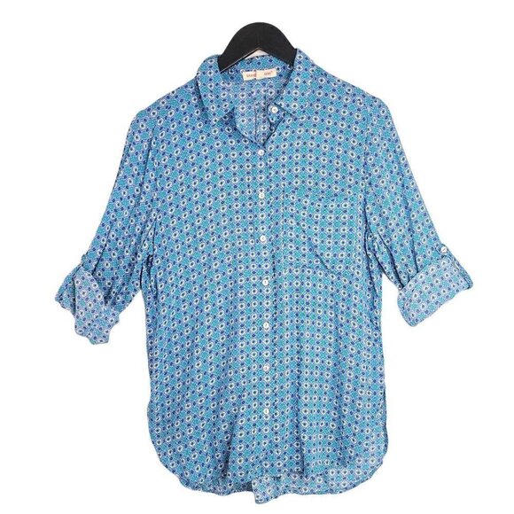Grand & Greene Blue Green Mosaic Roll Tab Rayon Button Up Shirt - Picture 1 of 6